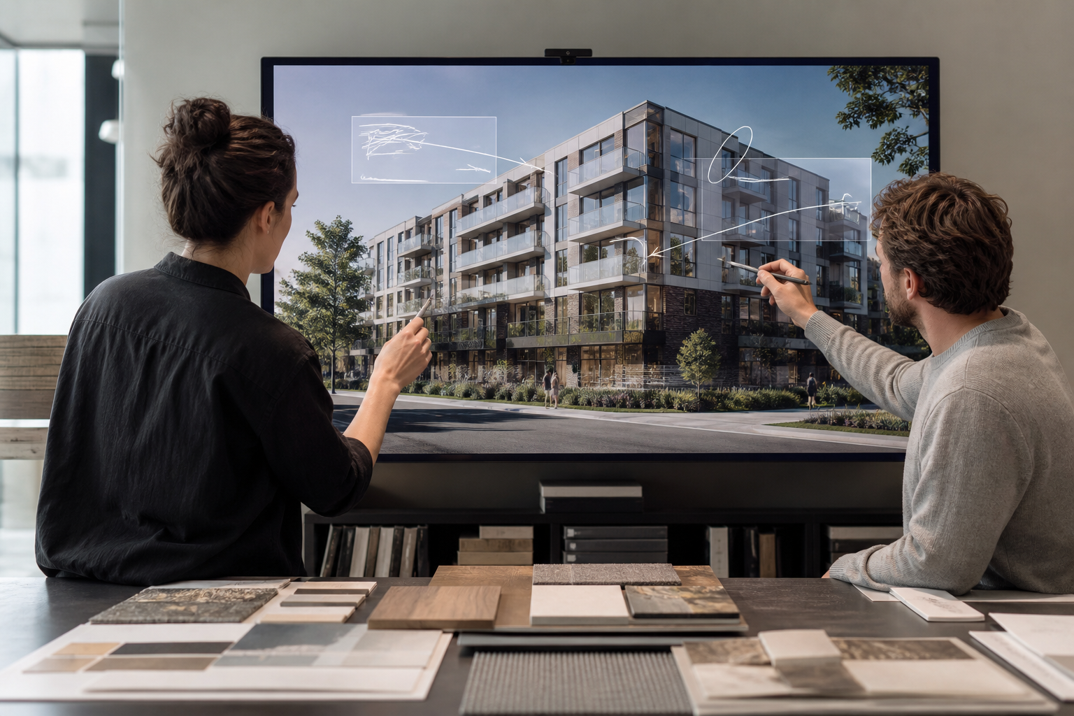 Ontwerpers beoordelen samen een artist impression van een woninginterieur