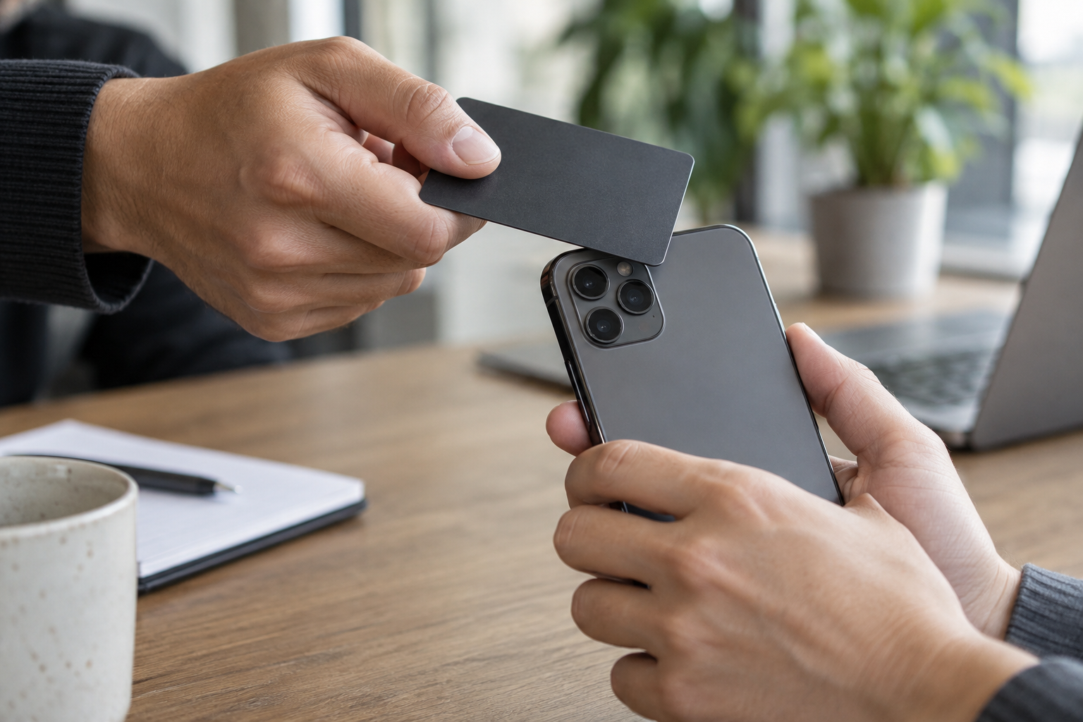 Een NFC-kaart wordt bij de bovenkant van een smartphone gehouden