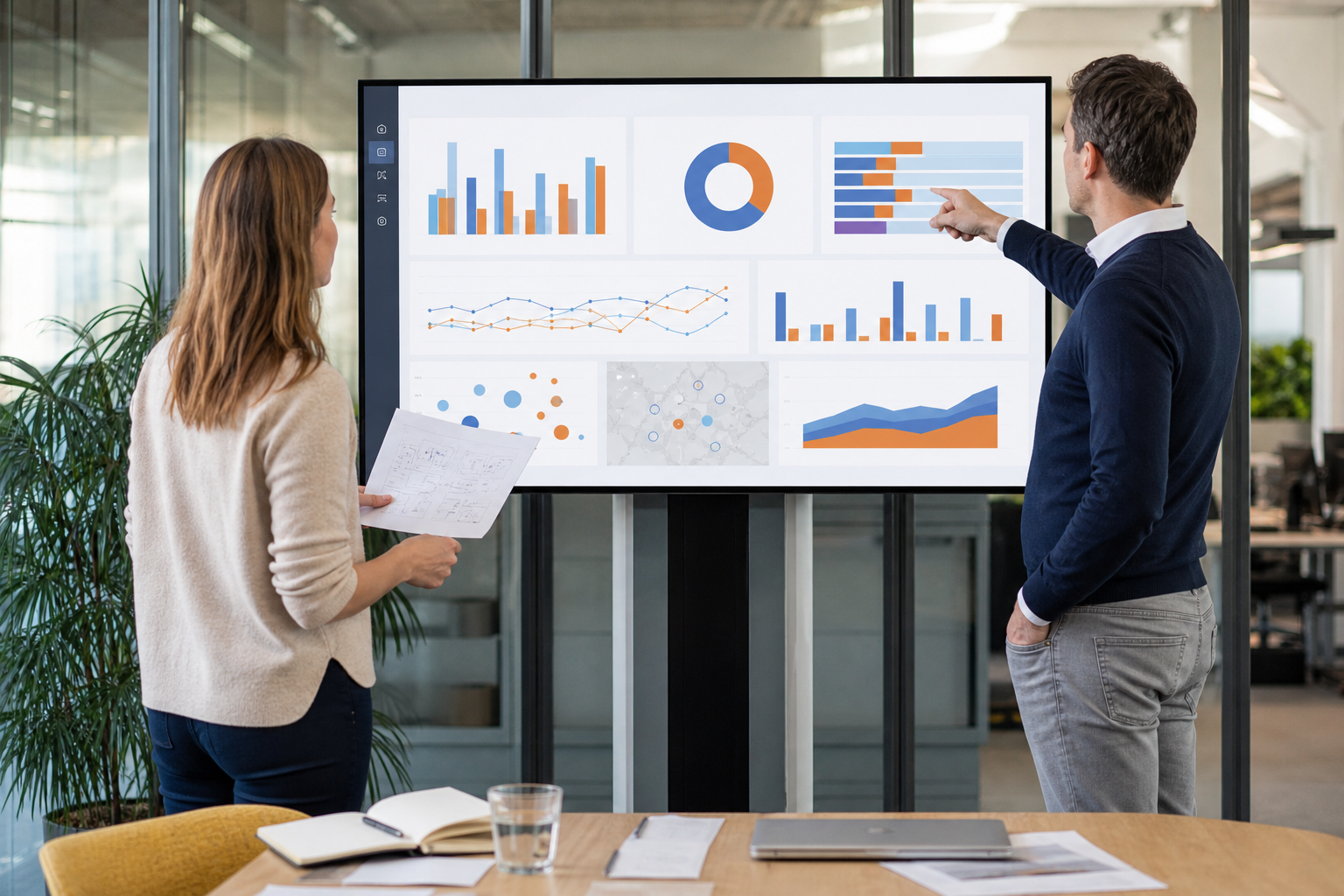 Dataspecialisten bespreken een duidelijk Power BI-dashboard met bruikbare inzichten