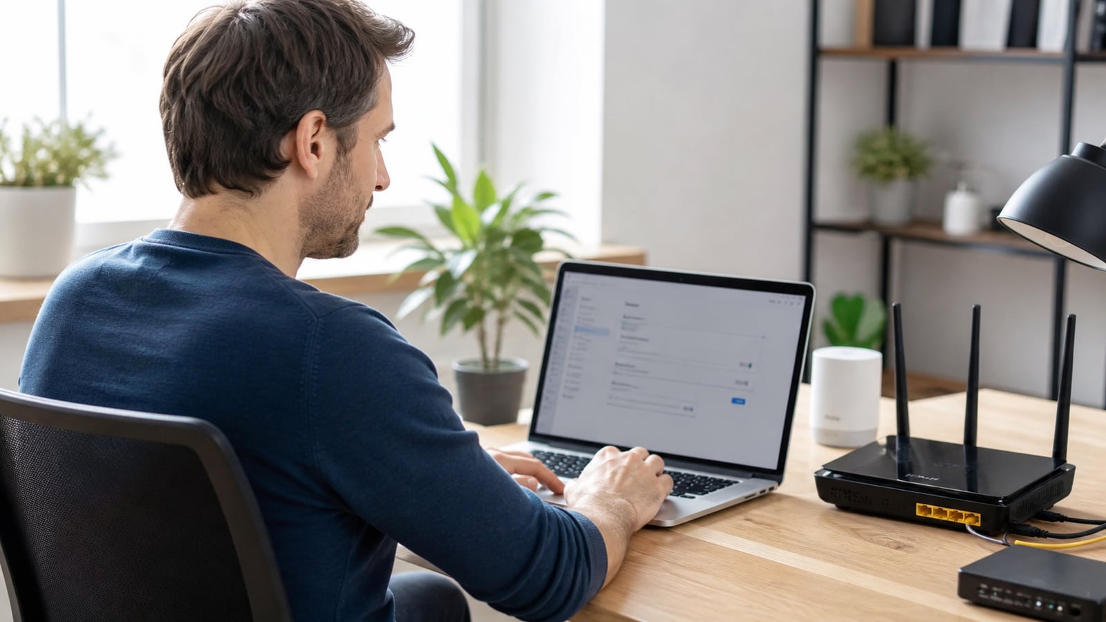 Thuisgebruiker controleert de firmware-instellingen van een router op een laptop